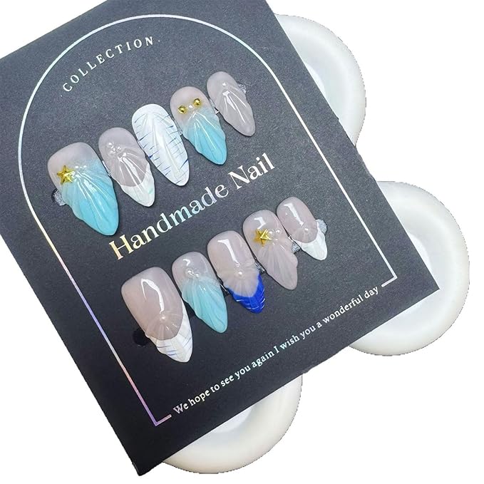 Medium Almond Press on Nails Handmade Nails with Glue,Handmade False Nails Ocean Nail Press ons with Shell Design Muti-Layer Gel Nail French Tip False Nails for Women (Size S)