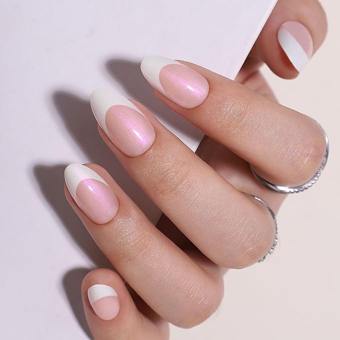 RTKHFZE French Tip Press On Nails Almond-Gel Press on Nails Short,Soft Gel Fake Nails,Supremely Fit & Natural Reusable Stick On Nails in 16 Sizes - 32 False Nails Kit with Glue
