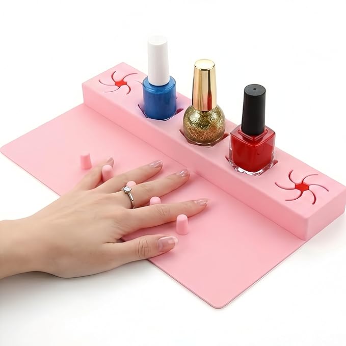 Silicone Nail Polish Holder and Mat, Anti-Spill Bottle Stand with 5 Slots, Manicure Hand Rest with Finger Separators, DIY Nail Art Station Organizer for Painting Nails, Pink