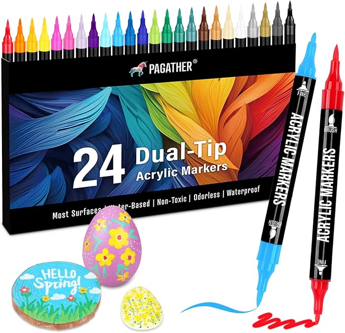 24 Colors Acrylic Paint Markers, Dual Tip with Fine Tip and Brush Tip Pens for Stone, Wood, Calligraphy, Canvas, Ceramic, Metal, Glass, Rock Painting, DIY Crafts