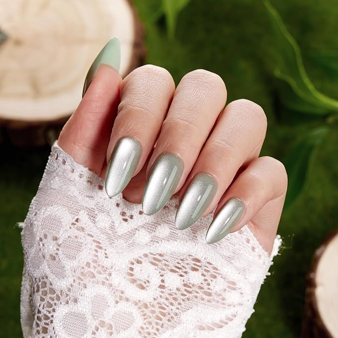 VSALON Press On Nails Medium Almond, Green Cat Eye Holographic Chrome Nails, Salon Quality Shimmer Fake Nails Kit - 32 PCS Stick on Nails in 16 Sizes with Glue & Cuticle Oil