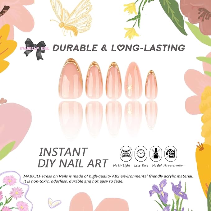 3D Press on Nails Medium Almond MABKJLF Gold French Tip Fake Nails False Nails with Stars Designs Nude Glossy Glue on Nails Full Cover Glossy Glue on Nails Acrylic Nails for Women Girls 24Pcs