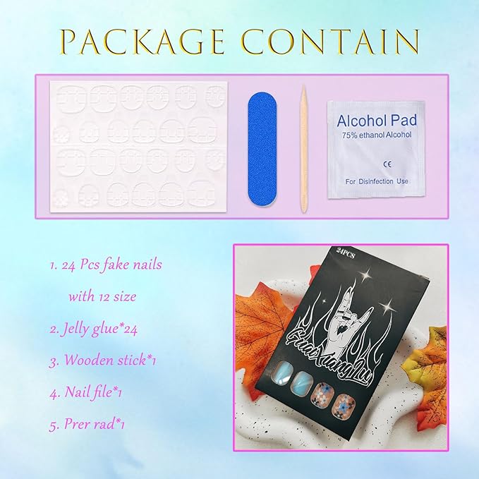 Short Fake Nails Square Press Ons Full Cover False Nails with Light Blue Flower Designs Acrylic Press Ons Artificial Glossy Stick Ons Reusable Glue Ons for Women 24 Pcs