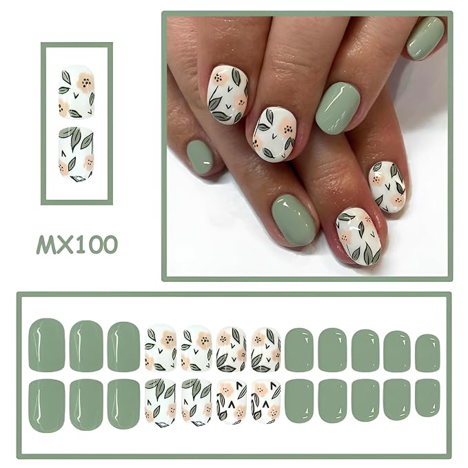 Flower Press on Nails Short Almond Fake Nails White Green Nails Press Ons Glossy Full Cover False Nails Acrylic Glue on Nail Summer Spring Stick on Nail for Women Decorations Set 24Pcs