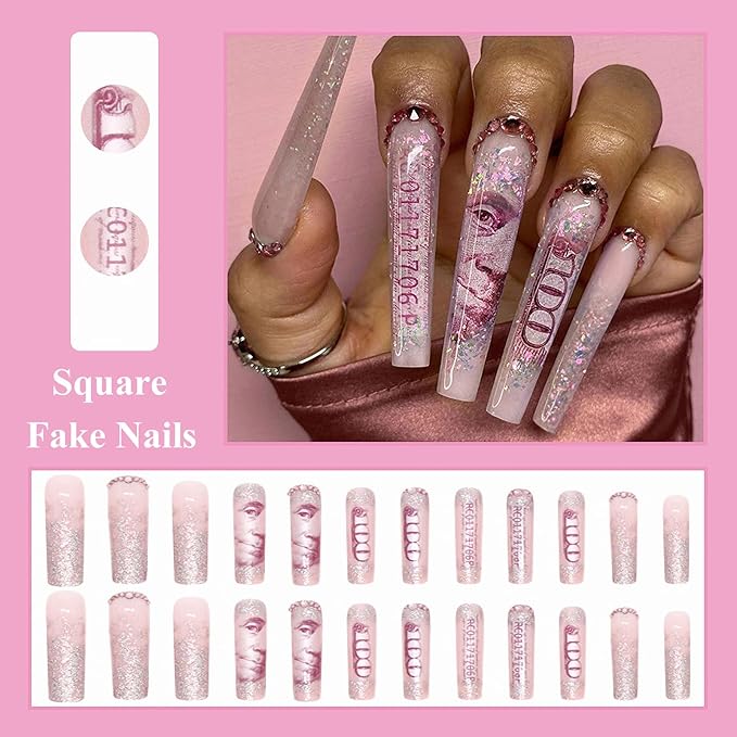 MISUD Press on Nails - Extra Long Square Fake Nails with Dollar Money, Acrylic Bling Glitter Rhinestone Design 24 pcs