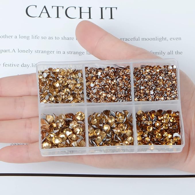 AD Beads 4300 Pieces Flat Back Nail Art Rhinestones Round Beads 6 Sizes (2-6.5mm) with Storage Organizer Box,Rhinestones Picking Pen for Nail Art Phone Decorations Crafts DIY (Light Topaz)