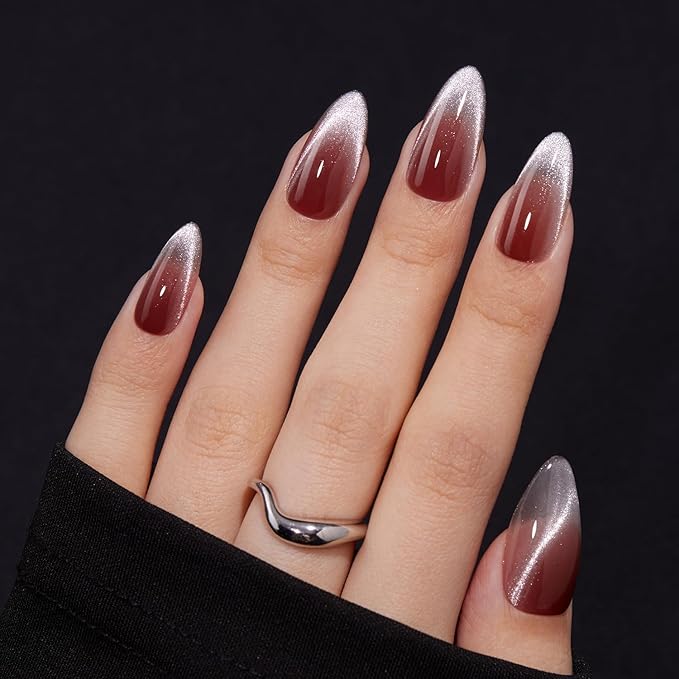 VSALON Press on Nails Medium Almond - Red Maroon Ombre French Tip Cat Eye Glossy Glitter Nails Kit for Woman, Reusable Semi-Transparent Gel Glue on Nails with Glue & Cuticle Oil - 32 PCS in 16 Sizes