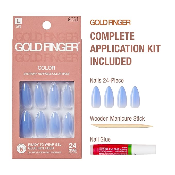 GoldFinger 24 Pcs Press On Nails, Long Almond Fake Nails, Blue Gradient Gel Stick On Extensions, Reusable DIY Full Cover False Nail Kit with Glue, Manicure Stick & File, 7 Day Long Lasting Wear