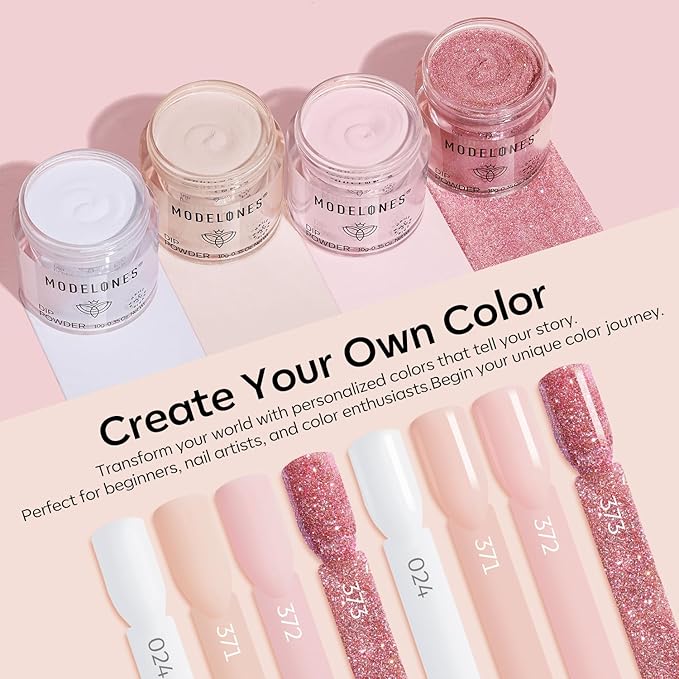 Modelones Pink Dip Powder Nail Kit, 4 Colors White Nude Glitter Dipping Starter Set with Liquid and Complete Accessories for French Nails Art Salon DIY at Home Gifts for Women