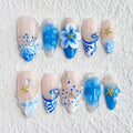 Luxury Press on Nails Medium Almond Handmade 3D Unique Reusable ABS Material Fake Nails Blue French Tip False Nails with Designs Flower Starfish Art Petal Glossy Glue on Nails Thick Acrylic Nails(S)