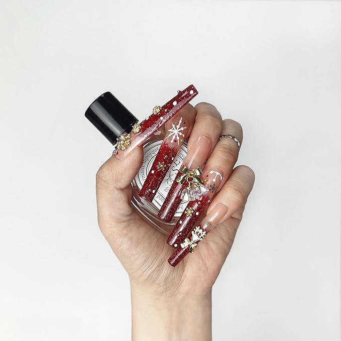 2025 New Long Handmade PMMA Acrylic Nails Red with Snowflake Rhinestone Bell Design Reusable Full Coverage False Nail Ladies False Nail Set (Snowflake, Long)