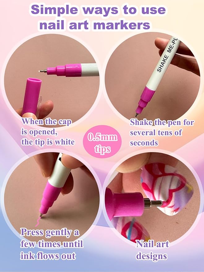 12 Colors 0.5mm Tip Nail Art Pens, Water Based Nail Art Marker Pens for Painting Nail Point Graffiti Dotting Liner Pen for Home Salon Quick Dry Manicure