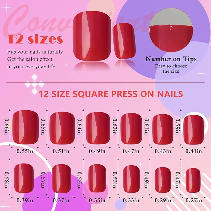 AddFavor 576pcs Press on Nails Short Square Fake Nails - Glossy Full Cover Acrylic Artificial False Nail Tips 12 Sizes for Women Girls 24 Colors Short Press on Nails Square Shape