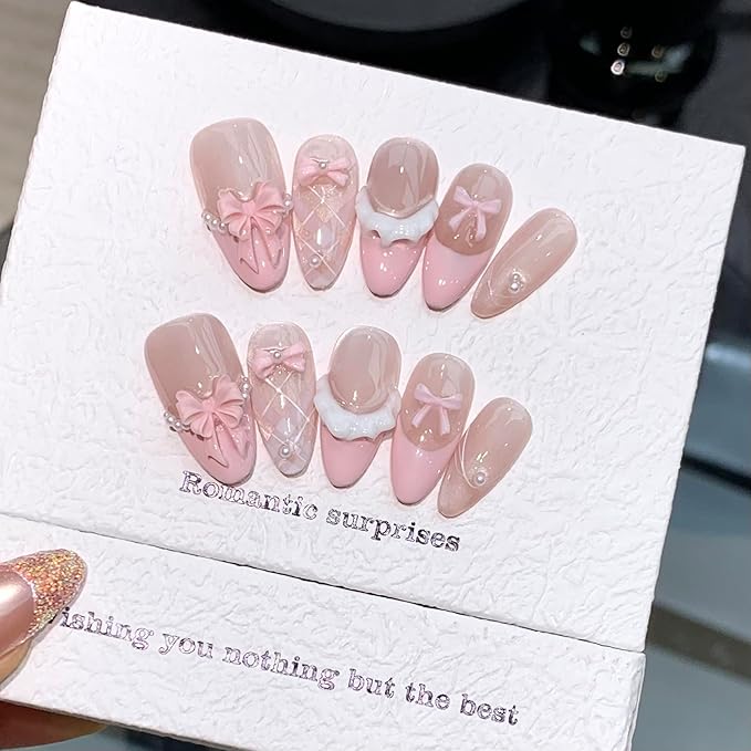 3D handmade nails press on false nails,Thick Strong Waterprooft almond pink white,pearl bow Stripes french elegant cute acrylic fake nails designed kit,10 Nails Size L #405