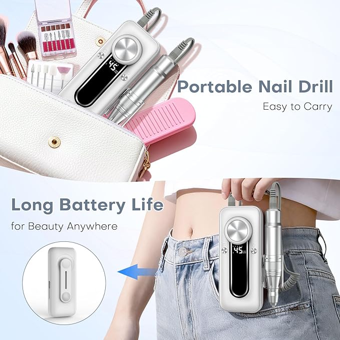 Nail Drill Electric Nail File Kit 45000 RPM Professional Efile Nail Set,Cordless Portable Rechargeable Acrylic Gel Nail Polish Remover Machine Pedicure Manicure Tool for Salon Home White
