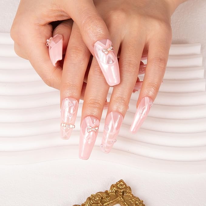 LOVFUL Press on Nails Tiptoe Ballet | Handmade with Full Covered Crystals | Reusable Full Cover Nails | Coffin Classic Regular 1.3 in | H291-S