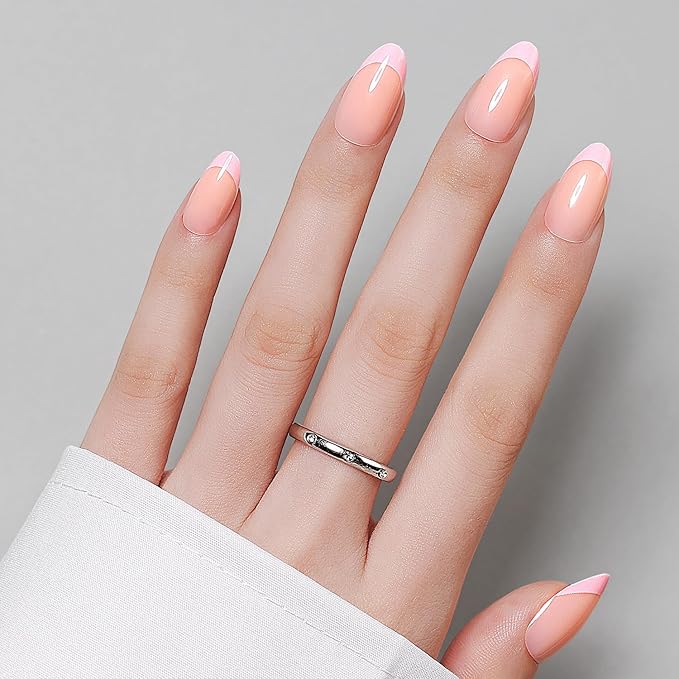 Luxbon Short Almond Press On Nails with No-Cure Nail Glue and Tool Kit – French tip Press On Nails Soft Gel Tips 25-30pcs Full Size Set, Reusable Fake Nails for Women, Salon Look at Home, Light Pink