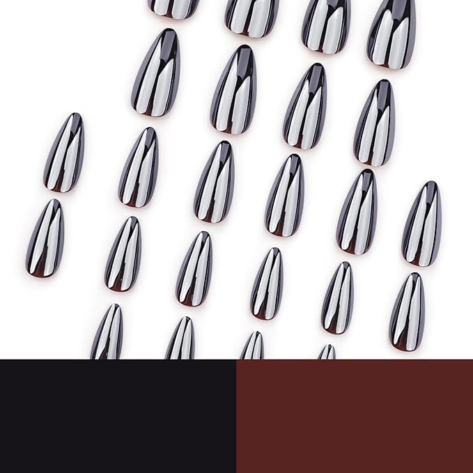 Black Press on Nails Almond - Medium Fake Nails with Chrome Design - Glossy Full Cover Stick on False Nails for Women 24 Pcs