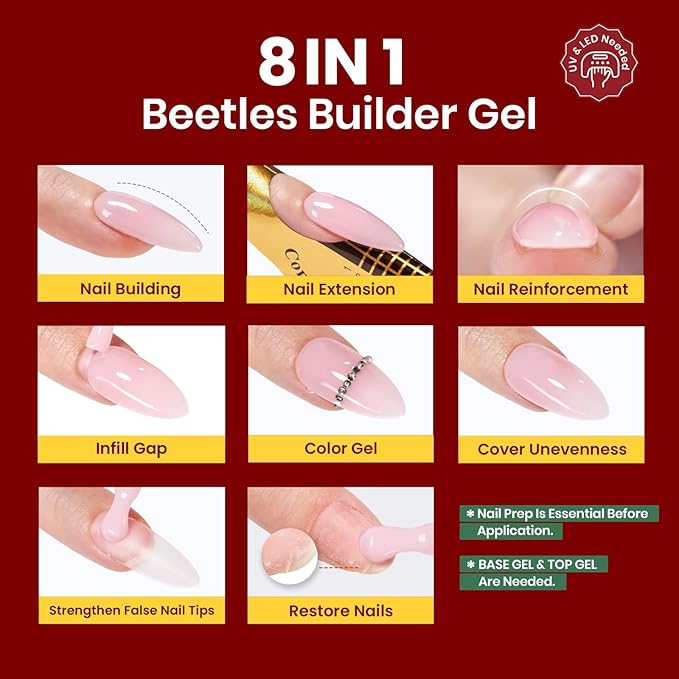 Beetles HEMA Free Builder Nail Gel Kit-Enchanted Night Thickening Strengthening Building Apex for Sensitive Nails Beginner DIY Salon at Home White Red Builder Gels with Base&Top Coat UV & LED Cured