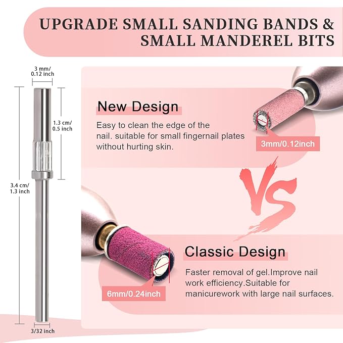 BLESWIN 100pcs Small Sanding Bands with Upgraded 3mm Mandrel Bit, 120 Grit for Acrylic Nail, Gel Nail Removing, Professional Nail Sanding Belt for Manicure and Pedicure, Pink