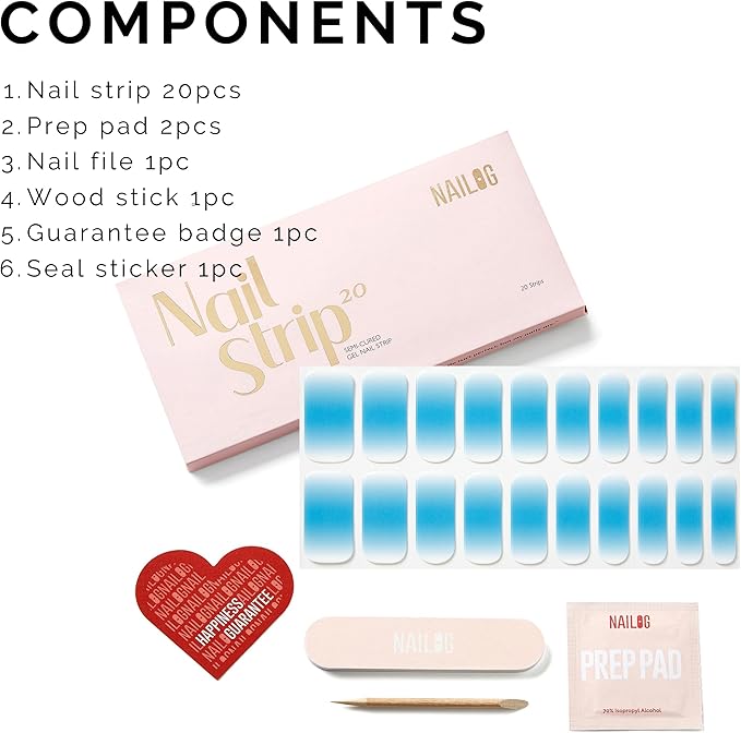 Semi Cured Gel Nail Strips - NAILOG 20 Pcs Gradient Blue Nail Stickers Extra Long Wraps with Glossy Gel Finishing for Summer, Frozen Mist