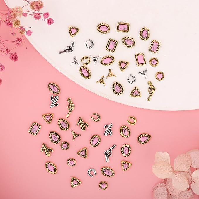 50 PCS Western Nail Charms - Pink Turquoise Nail Gems Stone 3D Vintage Western Art, Retro Pink Marble Cowgirl Charms Gems Metal Gold Silver Art Jewelry Gifts for Women DIY