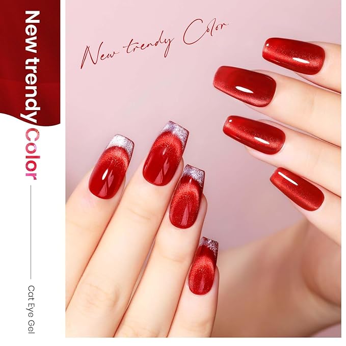 MIZHSE Moonlight Cat Eye Gel Nail Polish, 12mL Rose Red Smoothie Cateye Gel Nail Polish Silky Glitter Magnetic Soak Off U V LED Nail Gel Polish for Home Manicure Nail Art