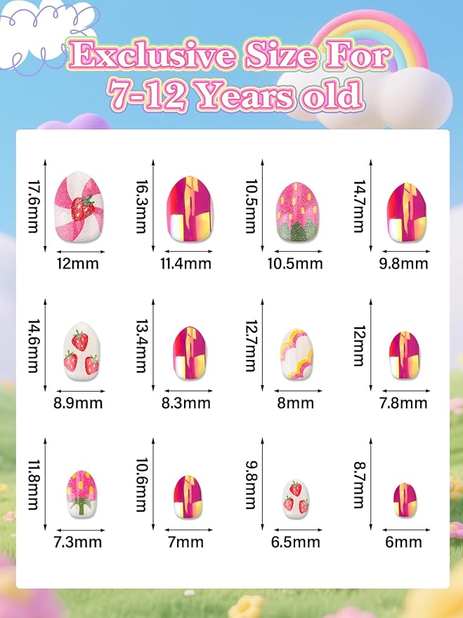 EBANKU 1 Pack Kid Fake Nail Kit, 24 Pieces Strawberries Press on Nails for Kids Almond Press on Nail Short Artificial False Nail Kits for Kids Girls