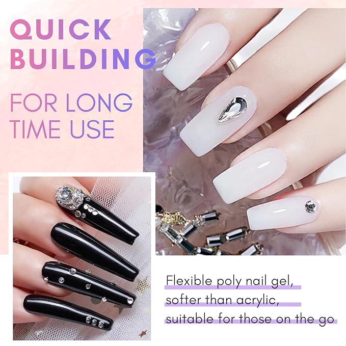 Makartt Poly Nail Gel Set: 2 Colors 50ML, Sheer Black and Milky White, Strong Builder for Extension, Strengthener, 3D Diy, Broken Nails Repair, French Manicures Salon Supplies At Home
