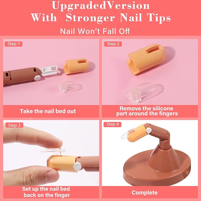 Practice Fingers for Acrylic Nails, Flexible Movable Fake Finger to Practice Fake Nails, 3PCS Adjustable Nail Finger Practice with 1PC Brown Acrylic Finger Base, 100PCS Clear Nail Tips With Box