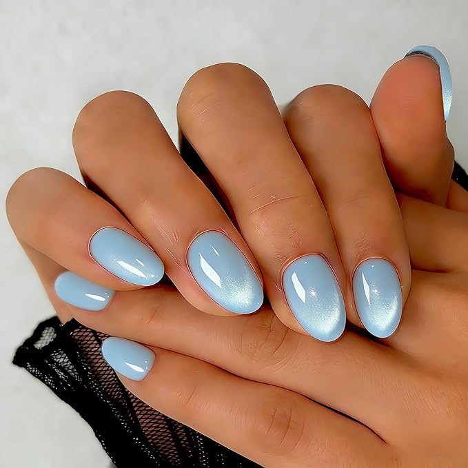 Cat Eye Press on Nails Short, Chrome Press on Nails Oval, Thick Glazed Pastel Light Blue Fake Nails Press ons for Women, Reusable Magnet Bling Glitter Glue On Nails Almond in 15 Sizes, 30 Pcs