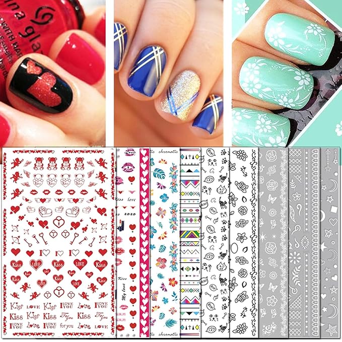 TailaiMei Nail Decals Stickers, 1600+ Pcs Self-Adhesive Tips DIY Nail Art Design Stencil (12 Large Sheets)
