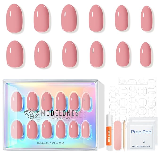 modelones Soft Pink Short Press on Nails, Semi-Transparent Oval Fake Nails Kit Press Ons with Nail Glue, Adhesive Tabs, Nail File, Prep Pad, Manicure Stick, 32Pcs 16 Sizes, Spring Women Girl Gift