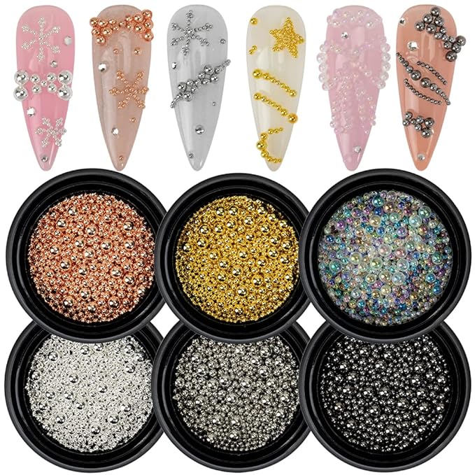 HNUIX Nail Beads - Mixed Size, 6 Colors, Round, Metal Steel Beads Nail Charms, Caviar Beads Nail Accessories for Acrylic Nails, Manicure DIY Crafts Decorations