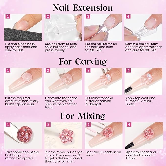 MIZHSE Solid Builder Gel for Nails, Clear and Pearl White 3D Nail Art,Non-Sticky Sculpting Building Hard Gel with Dual Form Silicone Pen for Carving Patterns Decoration Nail Art Manicure Home DIY