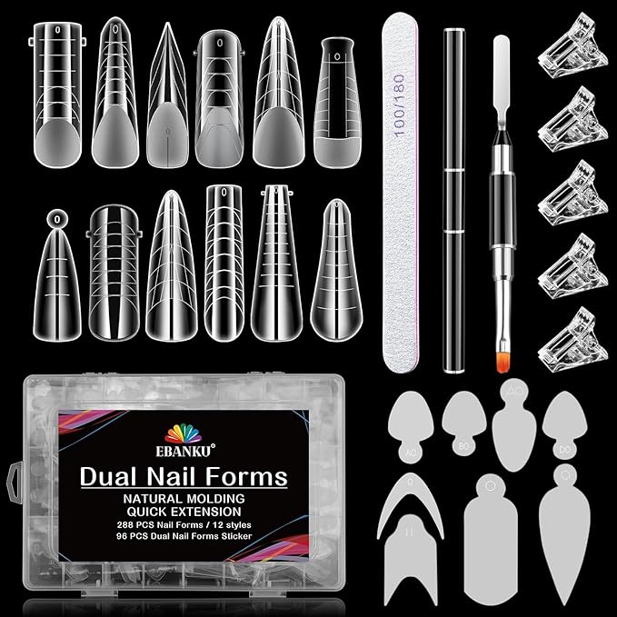 EBANKU Dual Nail Form Kit, 288PCS Poly Nail Gel Forms for French Nails, 12 Styles Dual Forms Silicone Reusable Pads, 5PCS Nail Clips, Gel Brush Pen Nail Files Buffer, Nail Extension Kit for Beginner