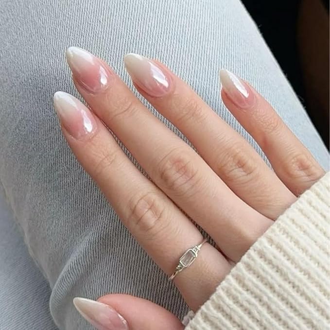 Modelones Pink Ombre Press on Nails Almond, Spring Chrome Short Fake Nails, Nail Kit with Nail Glue Adhesive Tabs Mini Nail File, Nails Press Ons 32Pcs16 Sizes, Women Girl Gift