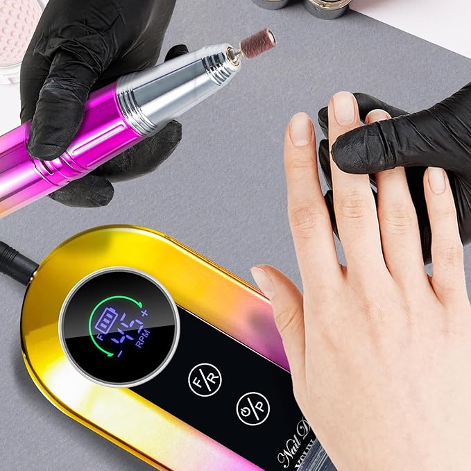 Professional Electric Nail Drill Kits 45000RPM Gradient Gold Portable Cordless 3-in-1 Nail File Machine with Rechargeable Stand and Nail Lamp for Acrylic Gel Polish Removing Home & Salon Use