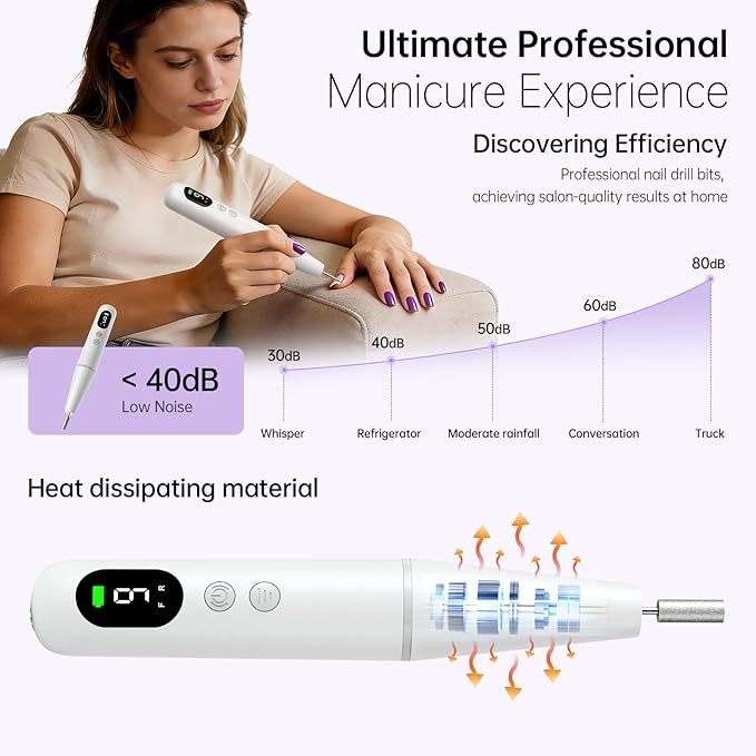 Electric Nail Drill Kit, Electric Nail File Cordless Nail Drill Machine for Acrylic Gel Dip Powder Nails, Professional Portable Manicure Pedicure Rechargeable Lightweight for Home Salon Use