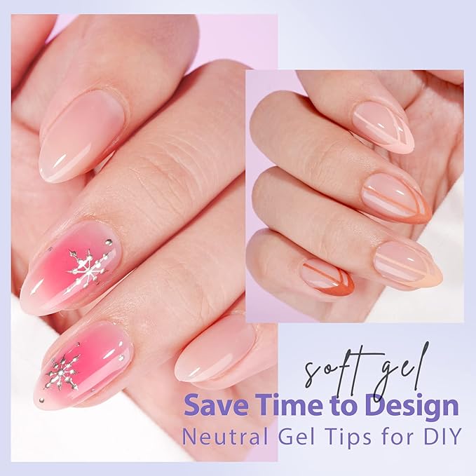 BTArtbox Short Almond Nail Tips - Soft Gel XCOATTIPS Natural Press On Nails, Pre-colored Gel Nails Full Cover Fake Nails Nude for for Daily Nail Art