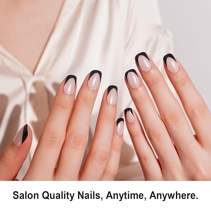 DANNI & TONI Semi Cured Gel Nail Strips Black French Tips Translucent White Glaze Nail Wraps 28 Stickers | Luxe Noir