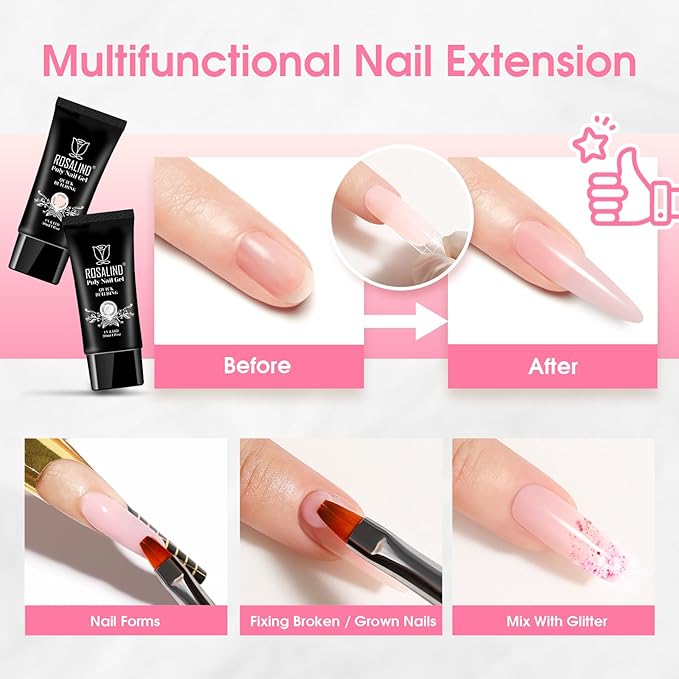 Rosalind Soft Pink & Clear Poly Extension Gel for Nails, 2-Pack 1oz/30ml Light Pink & Clear Poly Builder for Nail Gel Acrylic Extension