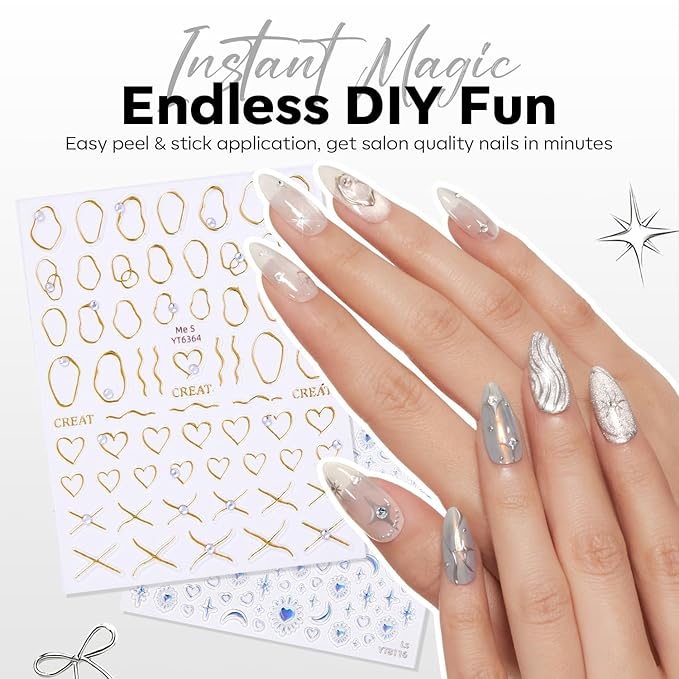 Modelones Gold Gel Polish Nail Stickers 3D Self-Adhesive Nail Decals Gold Line Star, Laser Heart & Star Sparkle, Moon Nail Art Holiday Christmas DIY Nail Stickers for Women & Kids 5Pcs