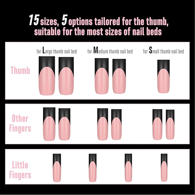 NOVO OVO Soft Gel Nail Tips Long Square - Black French Tip on Baby Pink Base, 180Pcs Full Cover False Nails for Gel X Extension, Sharp Shape Pre-Designed Press on Nails for DIY Home Salon (15 Sizes)