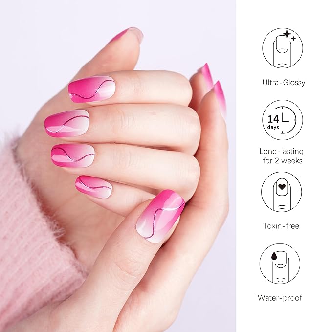 DANNI & TONI Semi Cured Gel Nail Strips Bright Pink Gradient (Blush Aura) Ombre Gel Nail Wraps UV Nails 28 Stickers Gift for Women