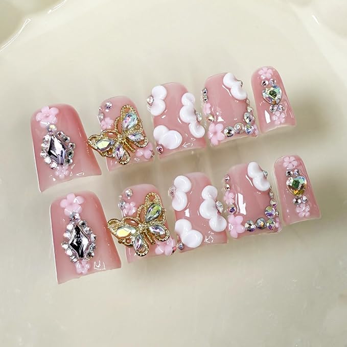 10 Pcs Handmade Press on Nails Duck Medium False Nails with Glue,3D Butterfly Luxury Heart Rhinestone Pattern Design Fake Nails Full Cover Artificial Acrylic Nude Pink Glue on Nail for Women（Size S）