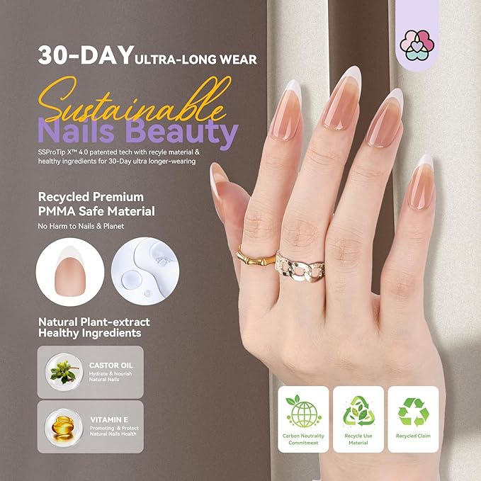 SAVILAND Press On Nails For Women: 4-In-1 French Tip Press On Nails Acrylic 15 Sizes Press On Nails Almond Medium Strong Nail Glue for Press Ons U V Light Nail Glue Remover A-F Primer French Tip Tool