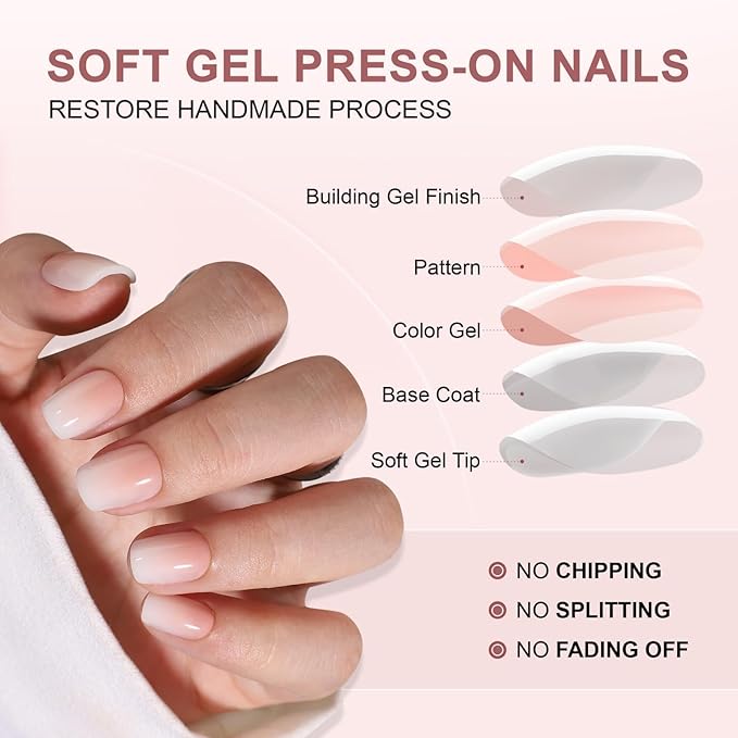 Square Press On Nails Short SEENEEY Soft Gel Ombre Fake Nails, Reusable Stick On Nail in 16 Sizes Glue on Nail for Women 32pcs, Gradient 02