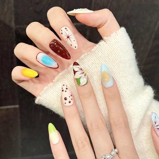 handmade nails press on Salon Quality gentle cute colorful beauty stereoscopic Reusable almond hand-painted gentle acrylic 3D fake nails designed kit,10 Nails, Size M #3333