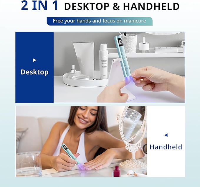 AIRSEE Cordless Nail Lamp with Stand, Handheld UV Light with LCD Display for Gel Nails,Rechargeable USB Nail Dryer for Fast Cure,Rhinestone Glue Decoration,Gel Nail Strips at Home,Travel(Mint Green)